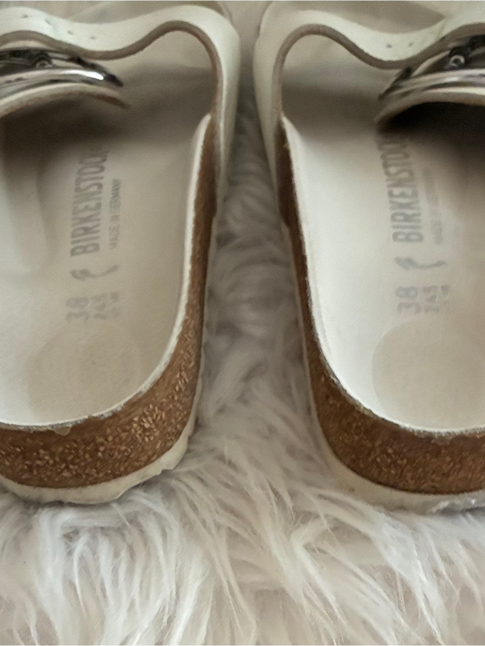Birkenstock White Slide Sandals - Silver buckle Sz 38 - Picture 5 of 12